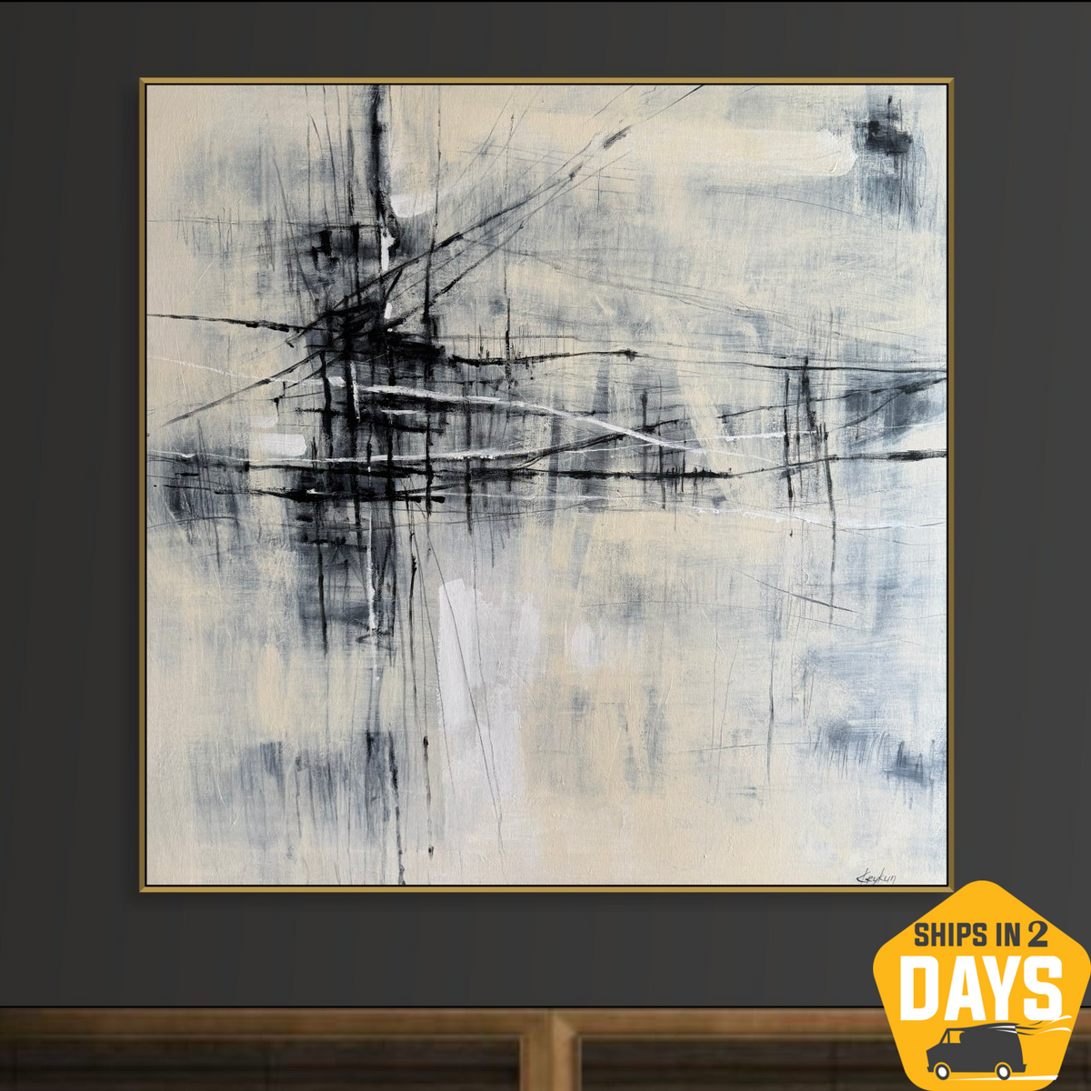 Large Abstract Black and White Minimalist Painting On Canvas Modern ...