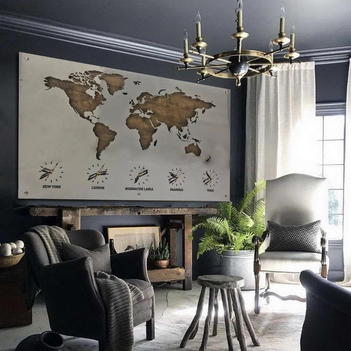 Metal World Map Time Zone Wall Decor Clock World Time Clock World Map ...