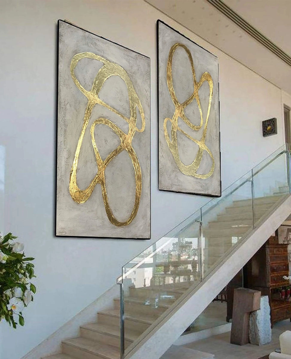 Large Abstract Set of 2 Gray Paintings On Canvas Original Gold Leaf ...