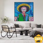Abstract Mexican Man Oil Painting Original Figurative Colorful Wall Art Modern Artwork Decor | SOMBRERO 46"x46"