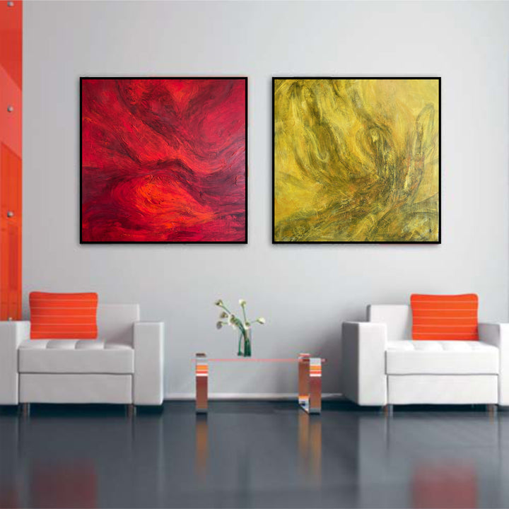 Abstract Red and Yellow Paintings On Canvas Original Set of 2 Colorful Oil Paintings for Home Decor | COLORED ABYSS
