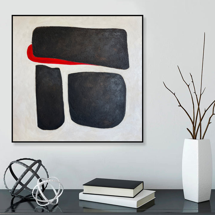 Original Geometric Oil Painting Abstract Three Black Stones Modern Black and White Artwork Decor for Home | RIGHT WAY