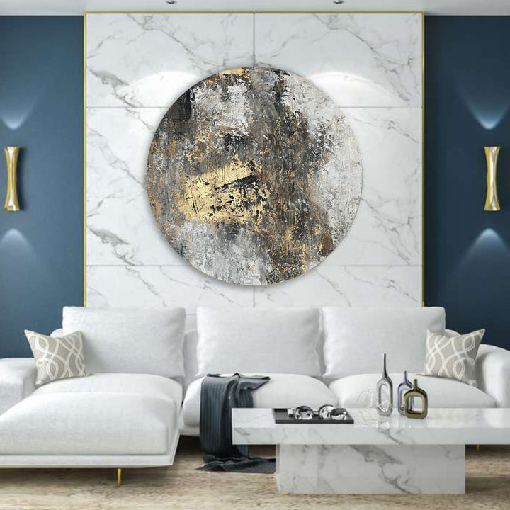 Abstract Gold Leaf Acrylic Painting Original Gray Round Wall Art Decor for Living Room | ENERGY FLOWS