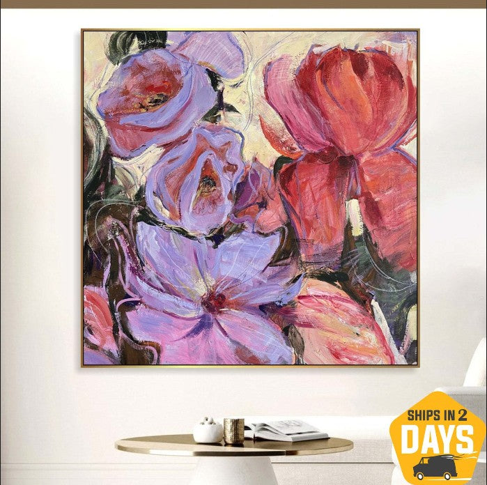 Flowers Painting Abstract Nature Wall Art Canvas Original Paintings Large Floral Colorful Painting Modern Art Canvas Texture Wall Art | MAJESTIC BLOOMSCAPE 46"x46"