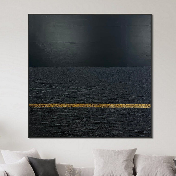 Abstract Gold Line On Black Oil Painting Minimalist Wall Art Original Artwork Decor for Home | GOLD BORDER
