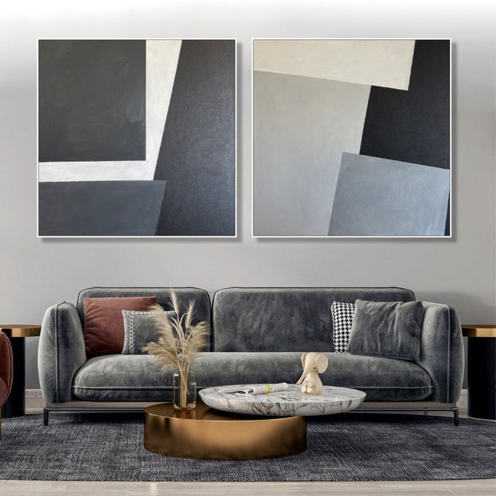 Abstract Set of 2 Paintings On Canvas Original Wall Art Modern Artwork Decor for Home | DARK SLOTS