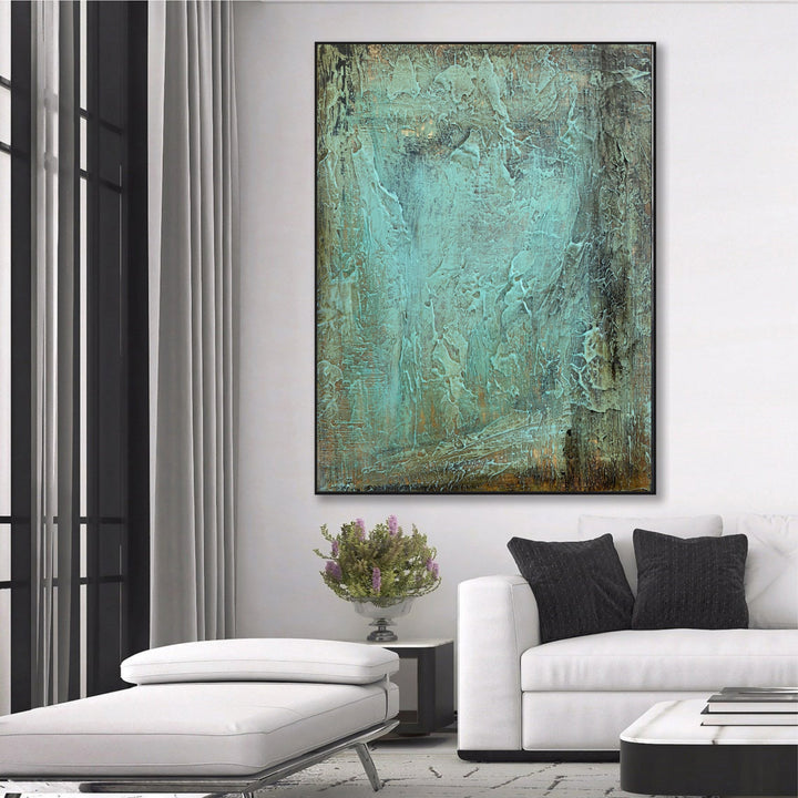 Original Green Oil Painting On Canvas Gray Textured Modern Wall Art for Bedroom Decor | GREEN SLATE
