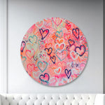 Romantic Oil Painting Original Round Artwork Pink Hearts Wall Art Couple In Love Gift | LOTS OF LOVE