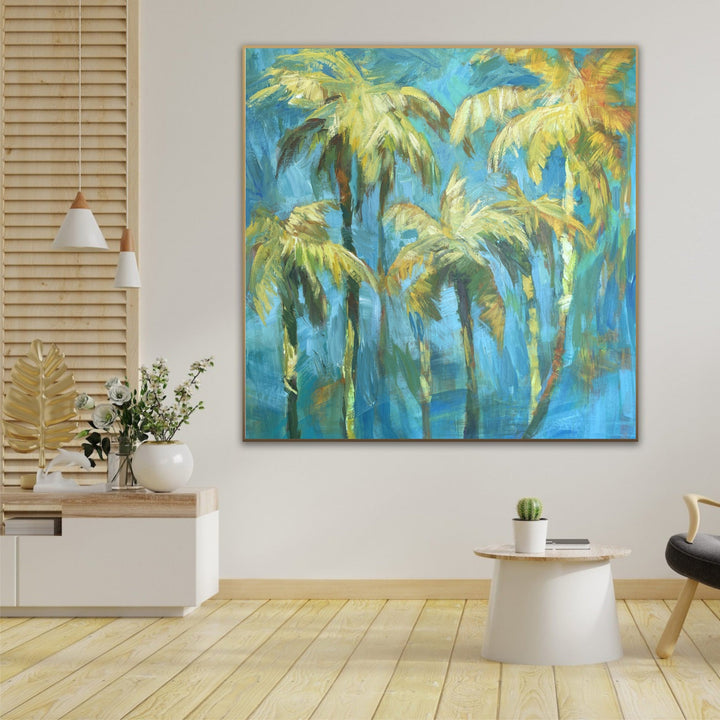 Abstract Colorful Palm Trees Acrylic Wall Art Painting Mid Century Modern Palm Art On Blue for Bedroom | PALM TREES