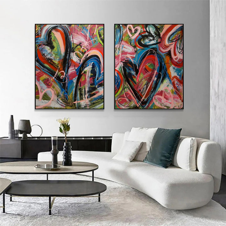 Abstract Set of 2 Colorful Hearts Acrylic Painting Wall Hanging Artwork Original Wall Art Decor | EXPRESSION OF LOVE