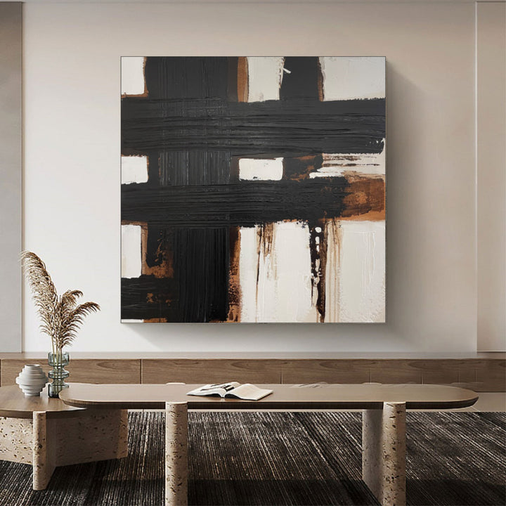 Original Dark Brown Acrylic Painting Abstract Geometric Lines Wall Art Modern Decor for Living Room | DARK GRID