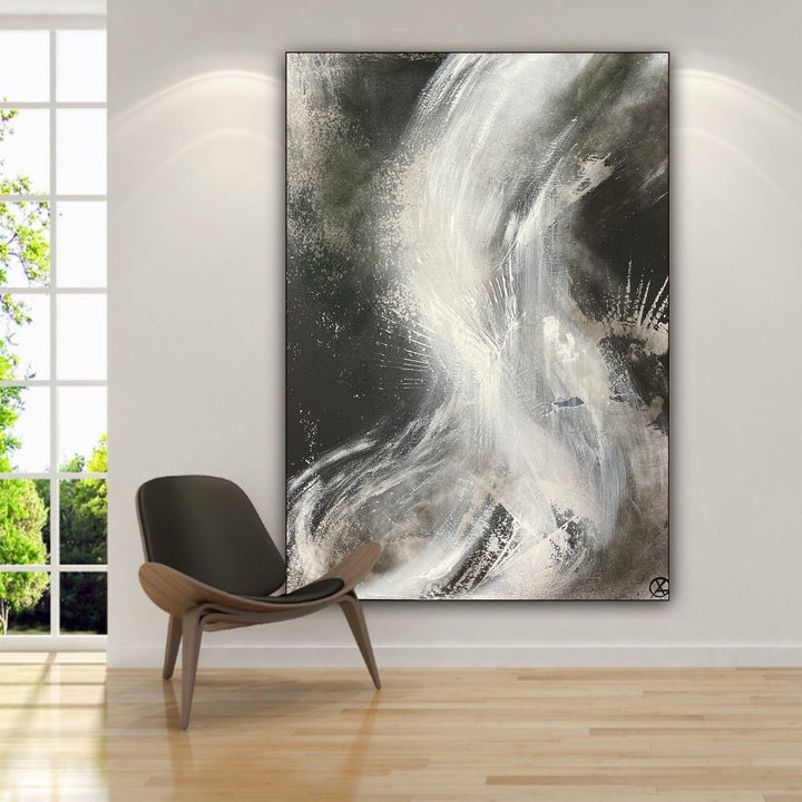 Original Acrylic Painting Black and White Artwork Abstract White Wall Art Decor for Bedroom | WINDSTORM