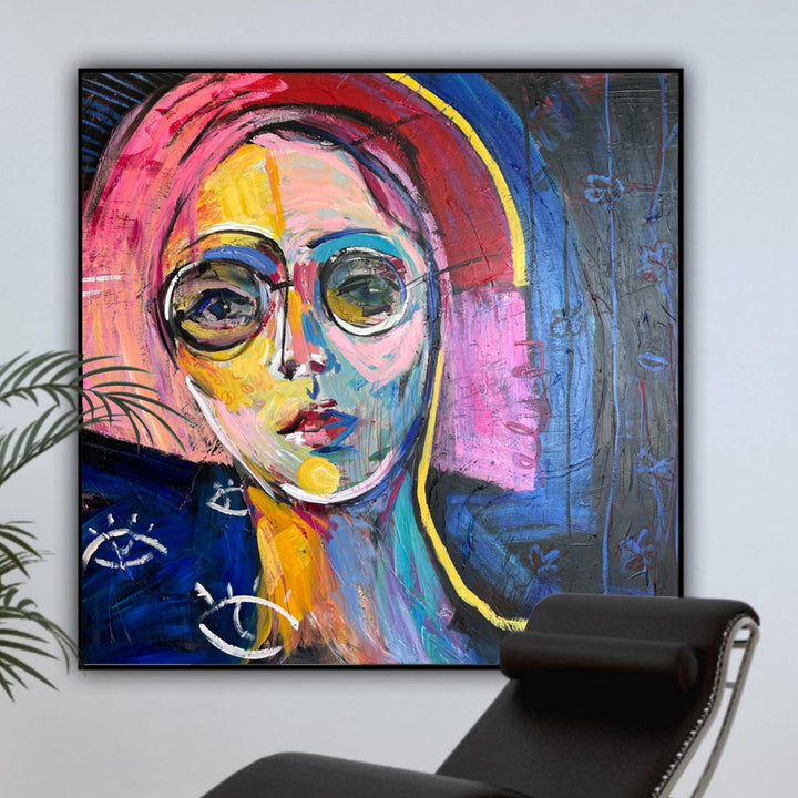 Abstract Woman Oil Painting Colorful Figurative Textured Wall Art Modern Artwork Decor for Home | WOMAN WITH GLASSES