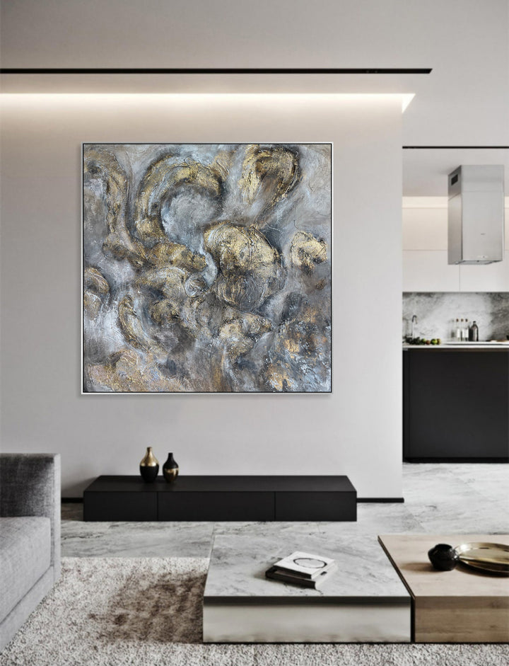 Anstract Modern Oil Art On Canvas Grey And Gold Acrylic Painting Original Oil Minimalist Abstract Painting Creative Painting | GLIMMERING SHADOWS 40"x40"