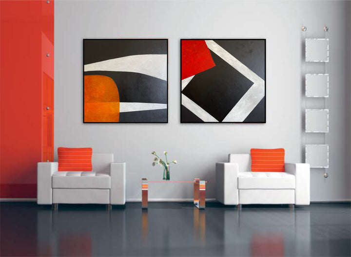 Original Tricolor Set of 2 Oil Paintings Abstract Black and White and Red Wall Art Decor | OUTCRY AND OBJECTION 2P 32"x64"