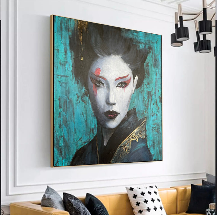 Abstract Chinese Woman Original Female Oil Painting on Green Geisha Wall Art Decor for Living Room | WU ZETIAN