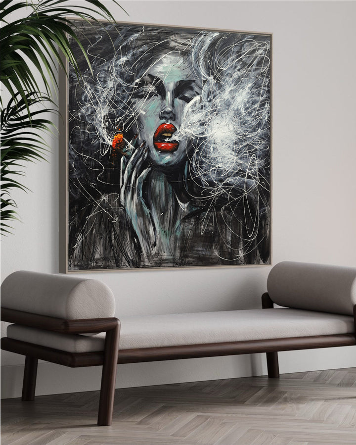 Original Smoking Woman Oil Painting Abstract Female Wall Art Modern Sexy Artwork Decor for Home | THE SMOKE