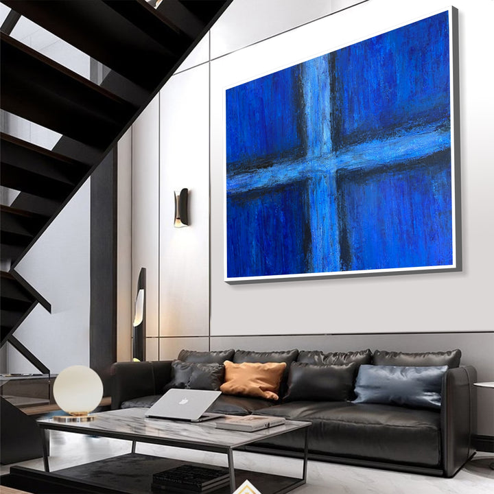 Abstract Blue Wall Hanging Oil Painting Light Blue Cross Artwork Original Geometric Decor for Home | BLUE WINDOW