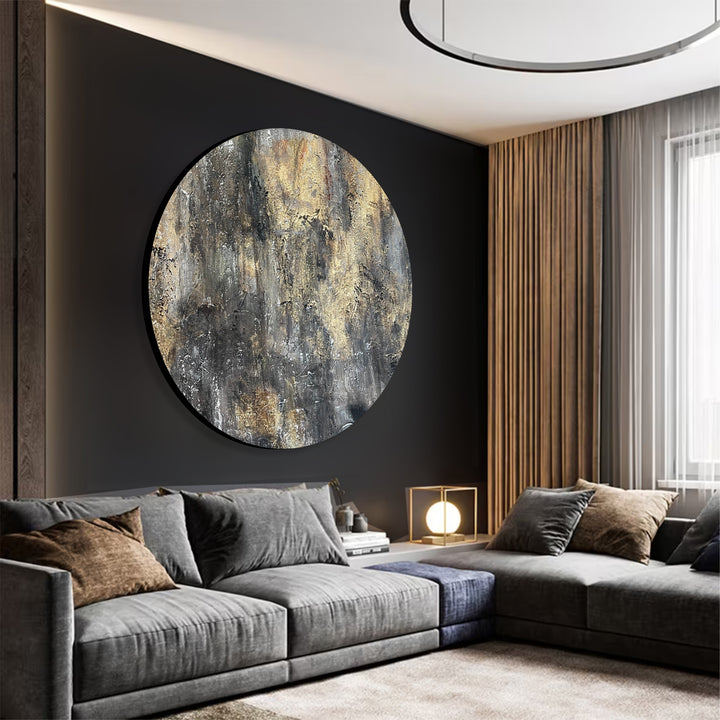 Abstract Gold Leaf Textured Painting On Canvas Original Round Wall Art Decor for Living Room | GOLD SLUSH