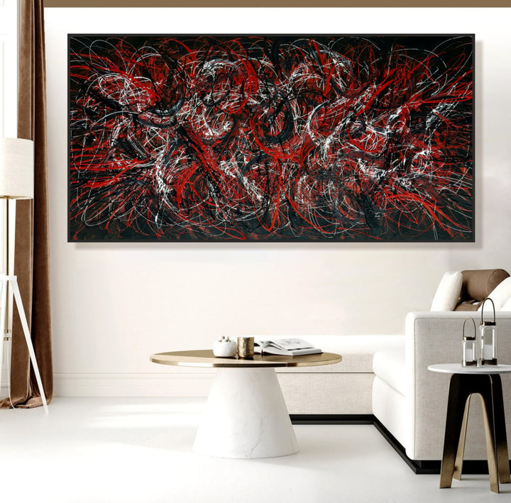 Large Oil Painting Original Canvas Black And Red Art Pollock Style Fine Art Painting Minimalist Abstract Painting Frame Art Texture Art | NOCTURNAL BLAZE