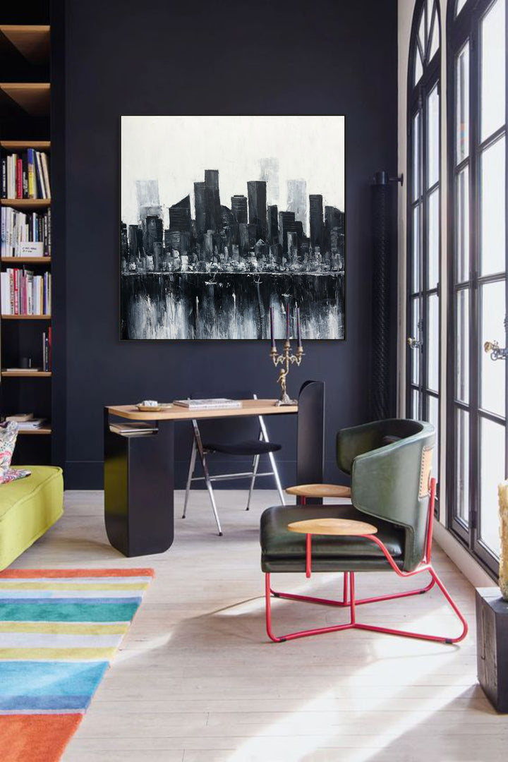 Abstract City Acrylic Painting On Canvas Black And White Cityscape Modern Painting On Canvas Creative Painting Unique Wall Art | IMPOSSIBLE RESIDENCES 40x40"