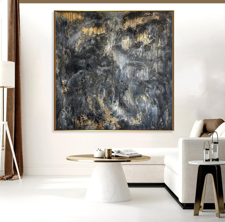 Texture Black Painting With Golden Leaf Unique Wall Art Modern Paintings Living Room Contemporary Art Canvas Oil Painting | GLISTENING ABYSS 40X40"