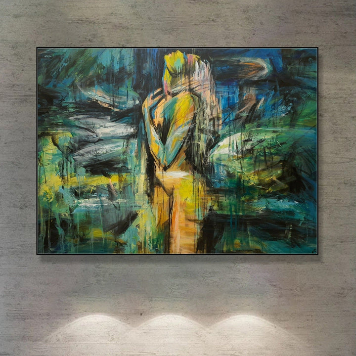 Abstract Female Oil Painting Colorful Naked Woman Wall Art Textured Artwork for Bedroom Decor | UNDER THE RAIN