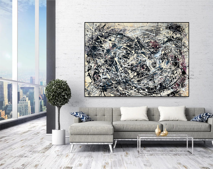 Large Jackson Pollock Style Acrylic Painting Original Horizontal Wall Hanging Artwork Decor for Home | GRAY CONFUSION