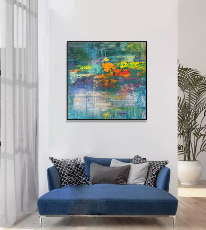 Colorful Acrylic Painting On Canvas Abstract Pond Wall Art Original Vibrant Artwork for Room | FLOWER POND 60"x60"
