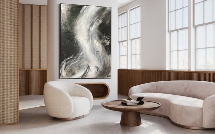 Original Acrylic Painting Black and White Artwork Abstract White Wall Art Decor for Bedroom | WINDSTORM