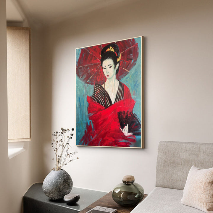 Abstract Female Oil Portrait Woman In Red Wall Art Original Japandi Art Black Fan Decor for Home | GEISHA WITH UMBRELLA
