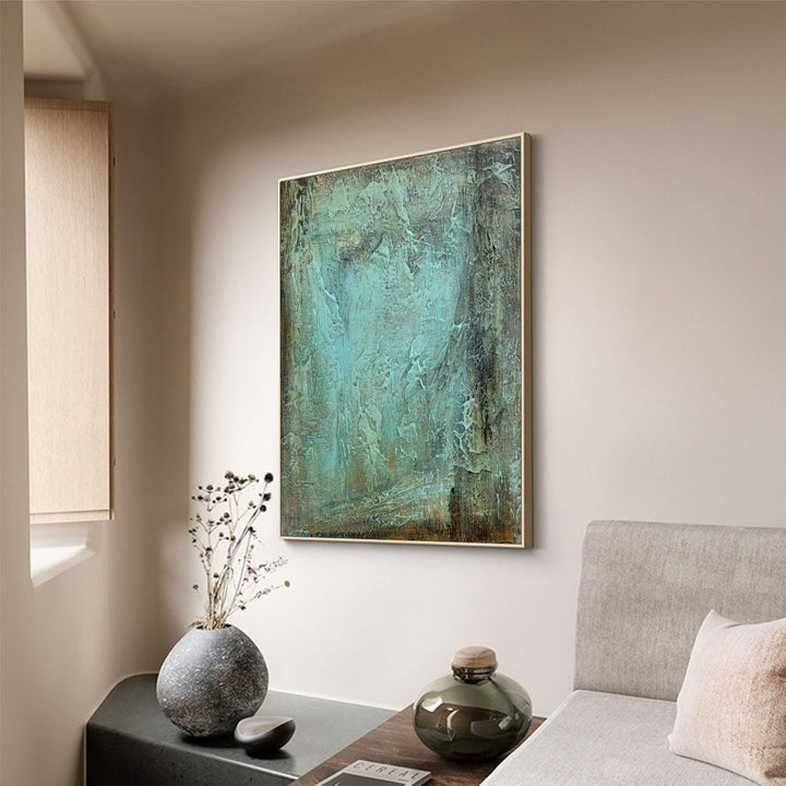 Original Green Oil Painting On Canvas Gray Textured Modern Wall Art for Bedroom Decor | GREEN SLATE