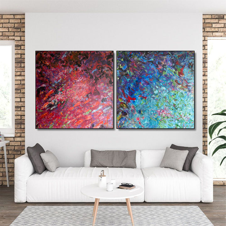 Colorful Abstract Set Of 2 Oil Paintings Original Blue and Red Wall Art Decor for Bedroom | MIX EFFECT 2P 50"x100"