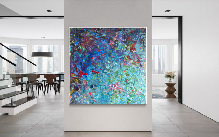Original Colorful Oil Painting Modern Artwork Abstract Blue Brush Strokes Decor for Home | BLUE EFFECT 50"x50"