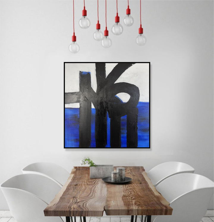 Original Square Acrylic Painting Abstract Black Shapes On White and Blue Modern Decor for Home | OIL PLATFORM