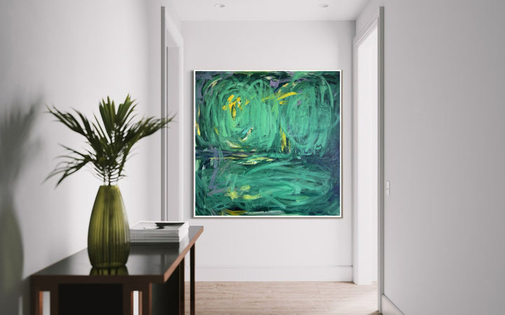 Abstract Green Acrylic Painting On Canvas Original Aquamarine Circular Strokes Wall Art Decor | GREEN MADNESS