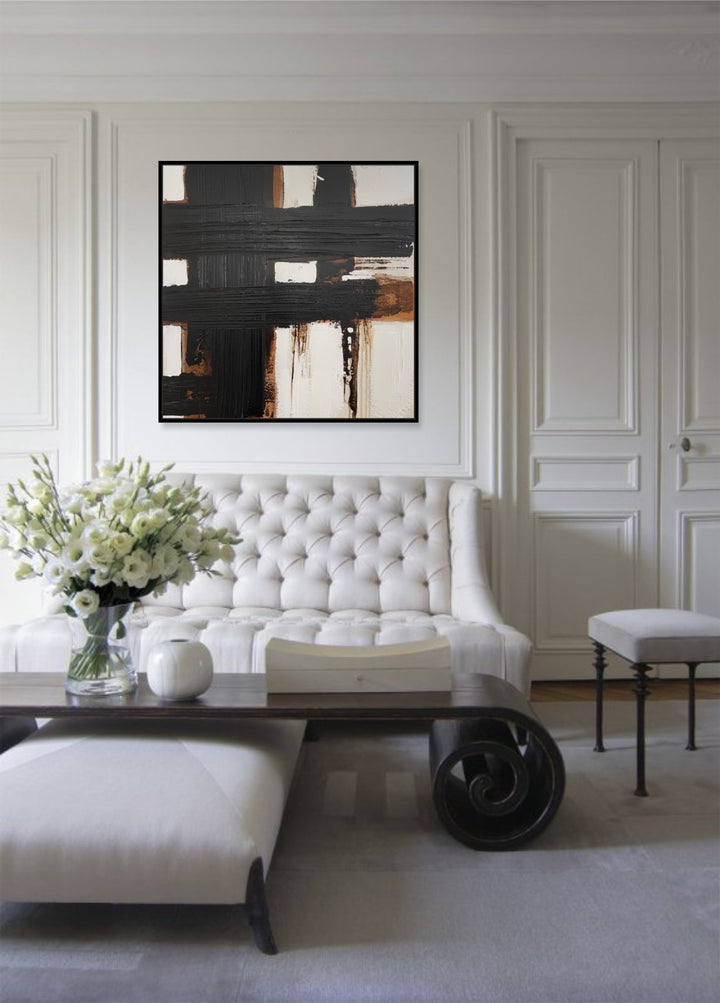 Original Dark Brown Acrylic Painting Abstract Geometric Lines Wall Art Modern Decor for Living Room | DARK GRID