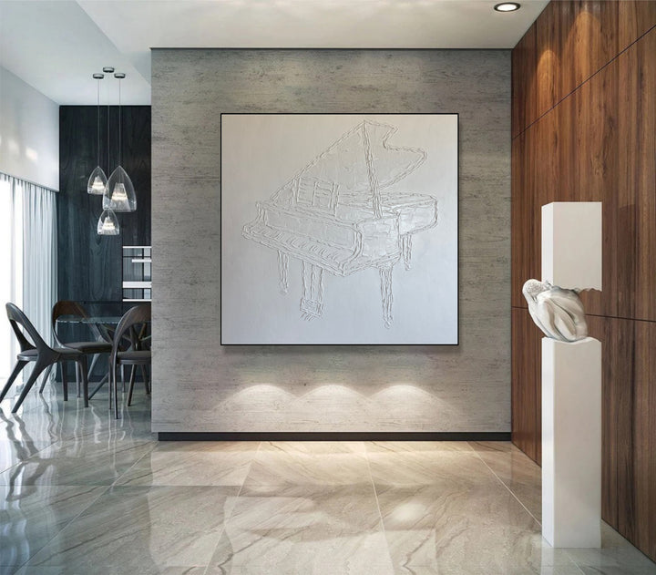 Original Grand Piano Oil Painting Abstract White Textured Wall Art Music Artwork for Bedroom Decor | WHITE PIANO