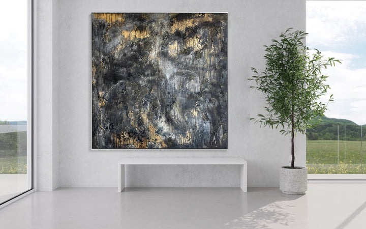 Texture Black Painting With Golden Leaf Unique Wall Art Modern Paintings Living Room Contemporary Art Canvas Oil Painting | GLISTENING ABYSS 40X40"