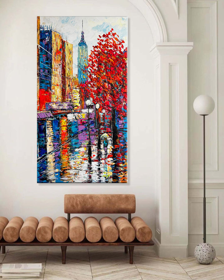Abstract City Painting Original Oil Paintings Wall Art On Canvas Cityscape Colorful Bright And Rainy Fall Art Texture Painting | METROPOLITAN MOSAIC 48"x30"