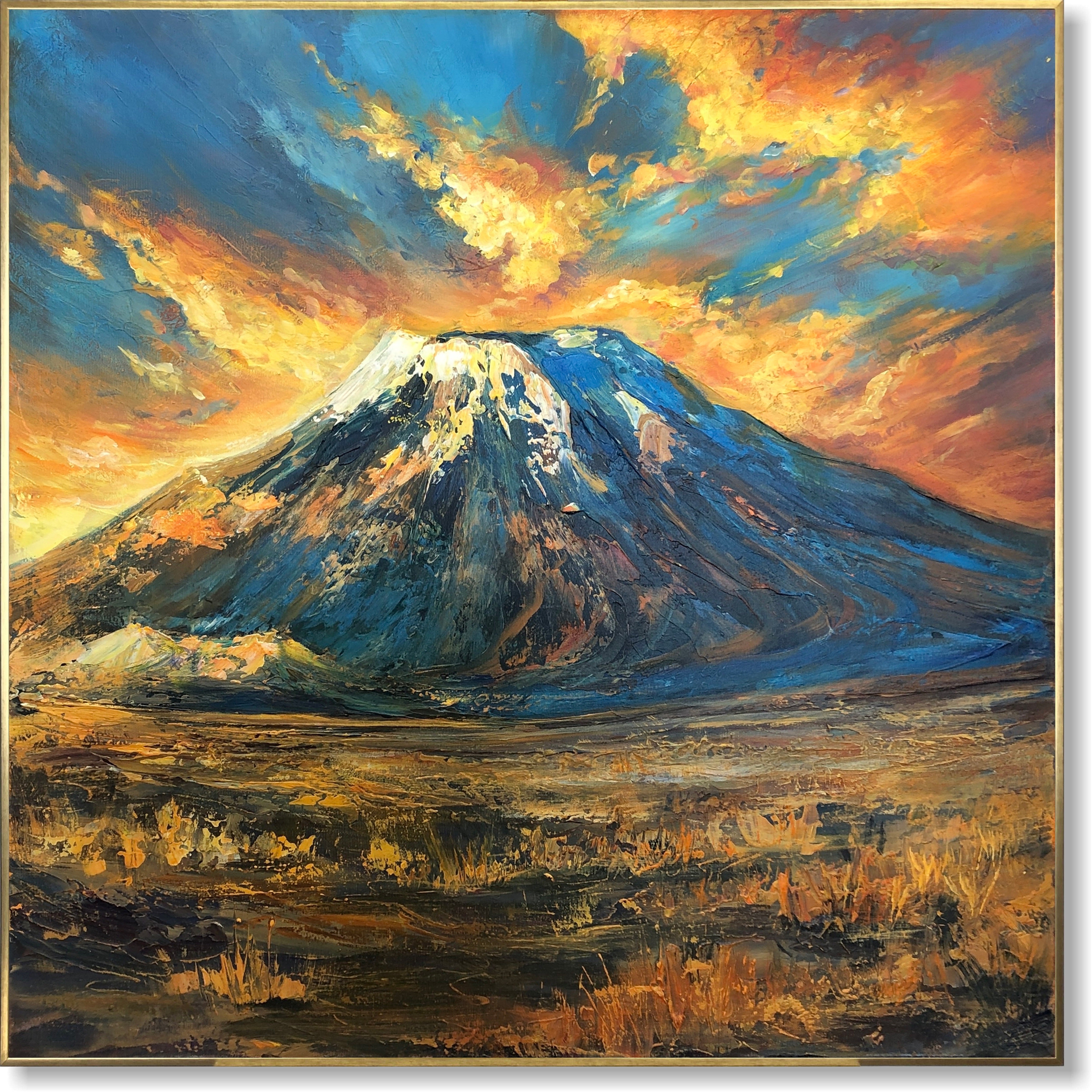 Large Mountain Landscape Painting Dramatic Sunset Sky Textured