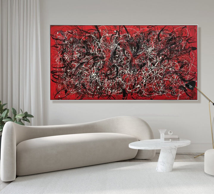 Large Abstract Landscape Painting Jackson Pollock Style Red And Black Art Modern Painting Original Minimalist Art Frame Painting | SCARLET DREAMS 39.4"x78.7"