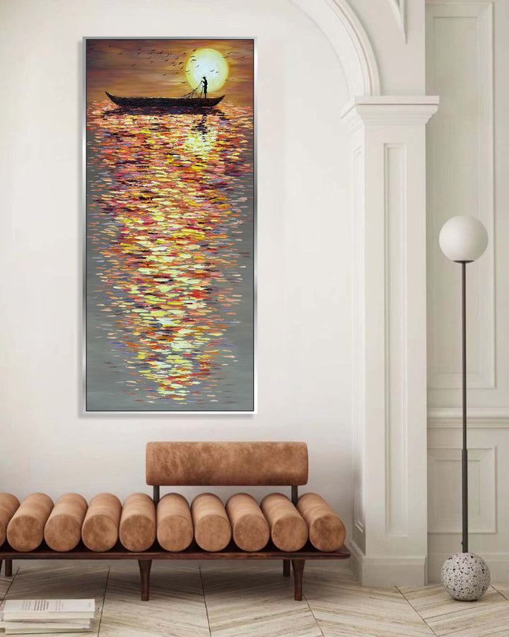 Colorful Painting Large Abstract Impasto Style Painting Unique Wall Art Creative Painting Men In A Boat Art Modern Painting Original | TWILIGHT'S TAPESTRY 60x30"