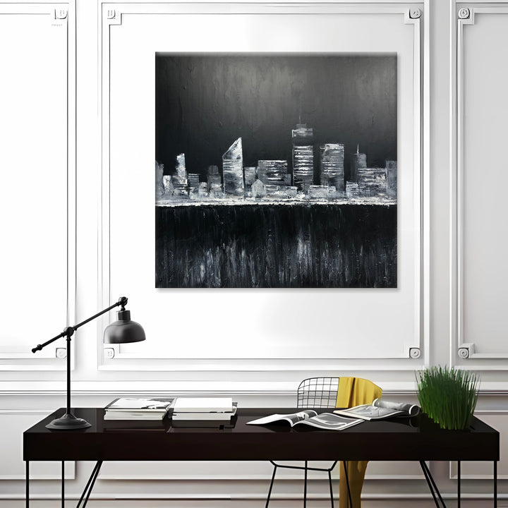 Black And White Acrylic City Paintings On Canvas Home Decor Minimalist Art Abstract Wall Painting Contemporary Art Unique Wall Art | ENIGMATIC ROOFTOPS 40x40"