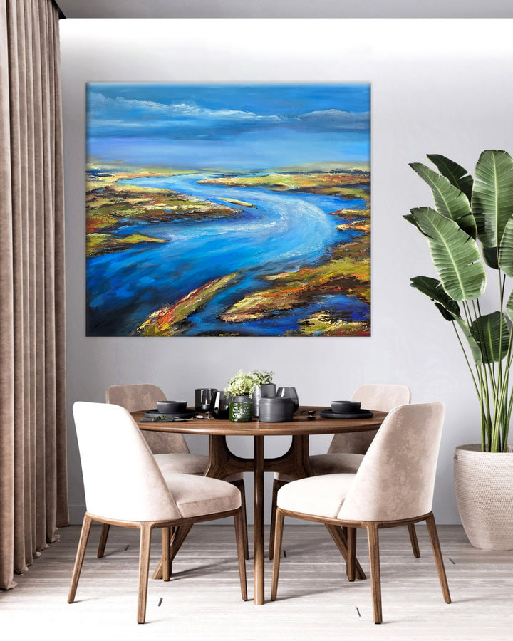 Abstract Landscape Art Blue River Horizon Island Oasis Painting Natural Beauty Frame Art Hand Painted Artwork Home Decor Fine Art | ISLAND REVERIE 37x41"