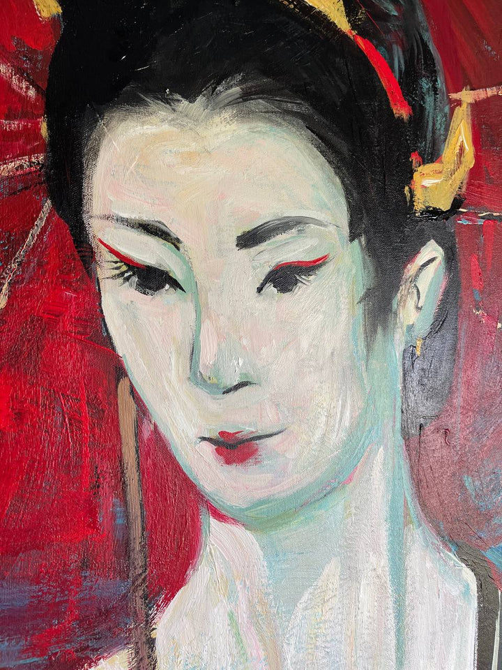 Abstract Female Oil Portrait Woman In Red Wall Art Original Japandi Art Black Fan Decor for Home | GEISHA WITH UMBRELLA