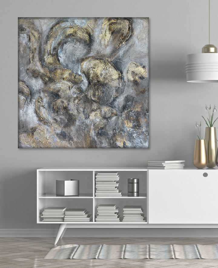 Anstract Modern Oil Art On Canvas Grey And Gold Acrylic Painting Original Oil Minimalist Abstract Painting Creative Painting | GLIMMERING SHADOWS 40"x40"
