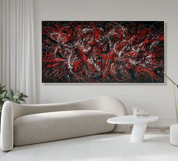 Large Oil Painting Original Canvas Black And Red Art Pollock Style Fine Art Painting Minimalist Abstract Painting Frame Art Texture Art | NOCTURNAL BLAZE