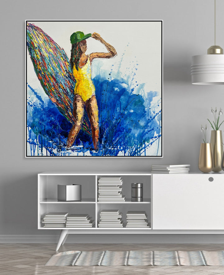 Abstract Surfer Girl Painting Surfer's Paradise Blue And White Art Bright Surfnoard Texture Wall Art Unique Painting Home Decor Wall Art | SURFER'S PARADISE