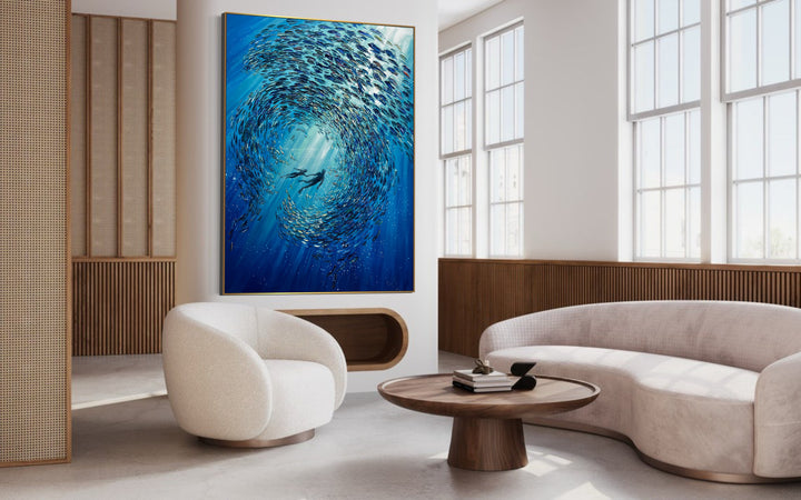 Oversize Abstract Art Couple of Divers In Ocean Fish Art On Canvas Colorful Blue Water Animals Painting Handmade Painting Fine Art | OCEAN BALLET 80"x60"